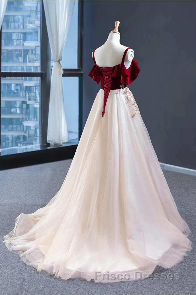 UniqueDresss Vintage Red Straps Tulle Formal Prom Dress, Elegant Applique Formal Prom Dress