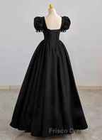 Black Sweetheart Short Sleeves Beaded Party Dress, A-Line Black Satin Formal Prom Dress
