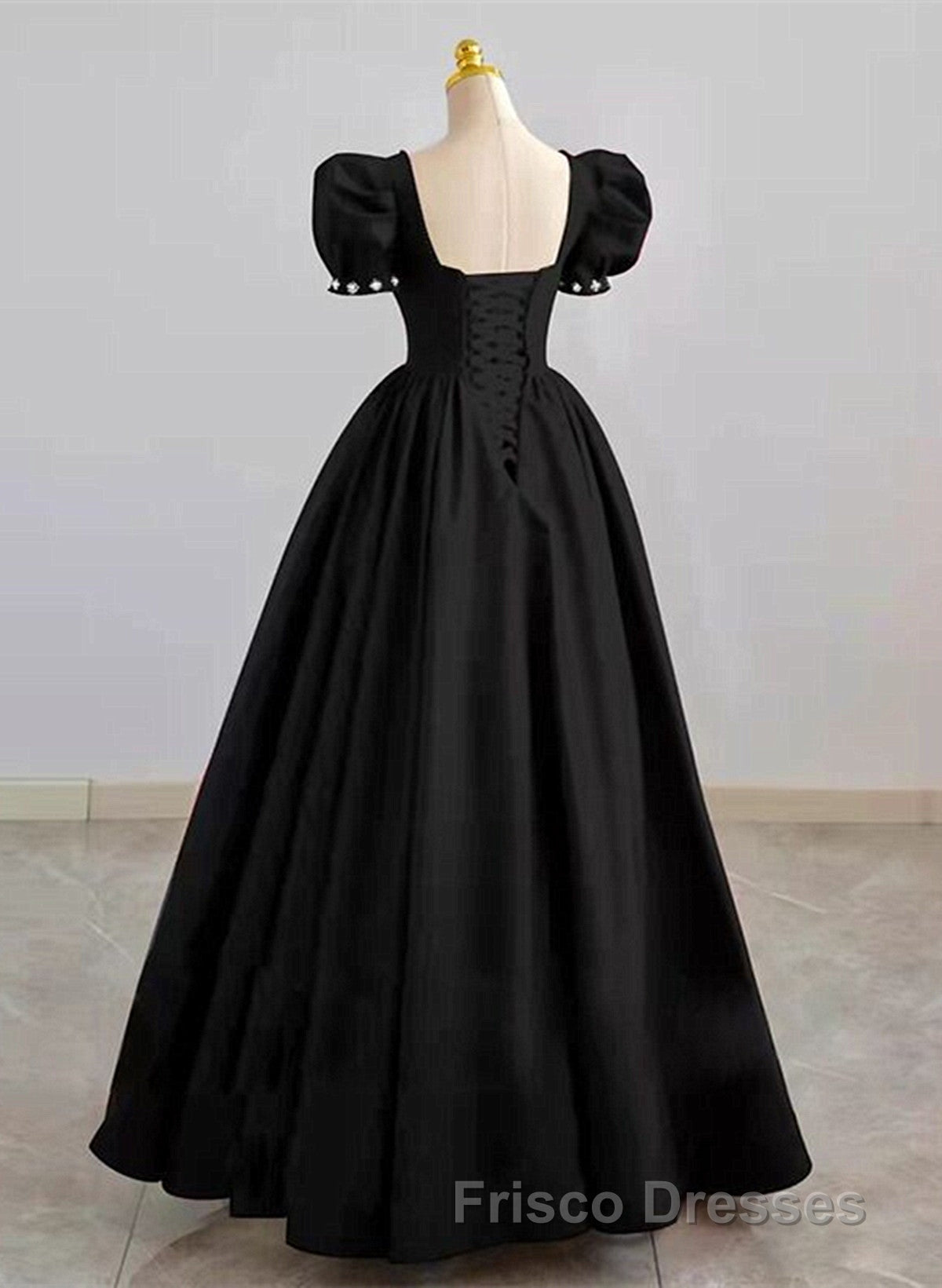 Black Sweetheart Short Sleeves Beaded Party Dress, A-Line Black Satin Formal Prom Dress