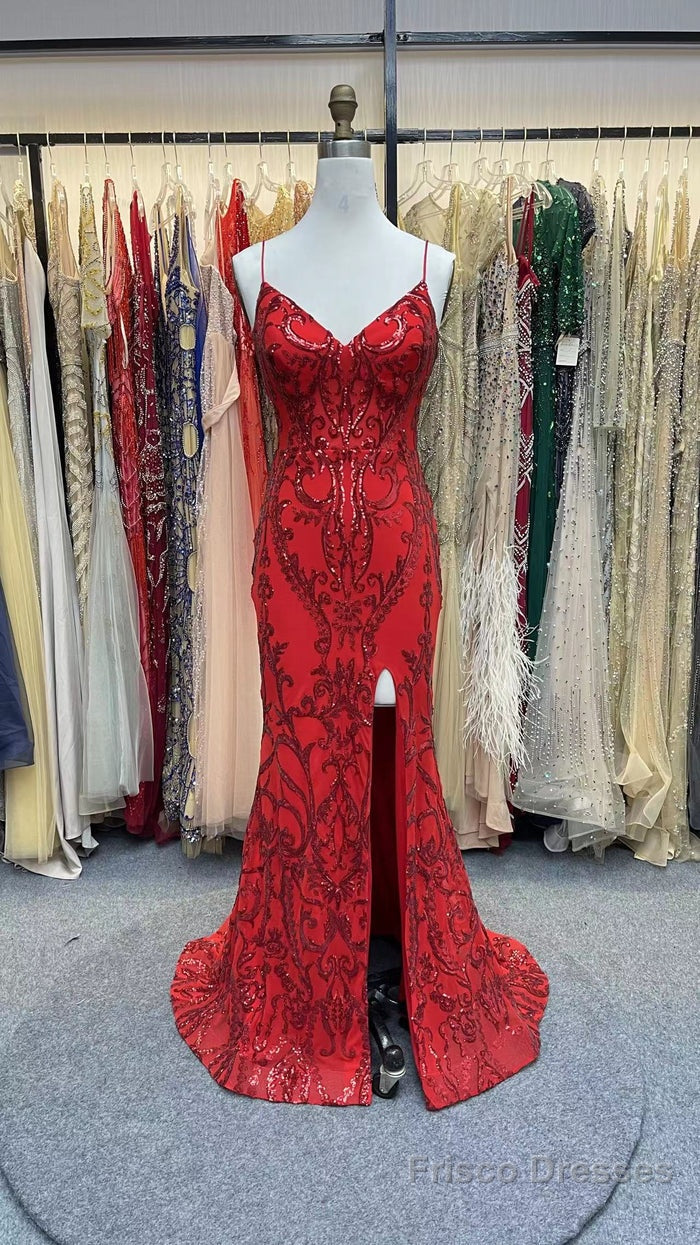 Spaghetti Straps Mermaid Sequins Prom Dress With Slit Secondary image