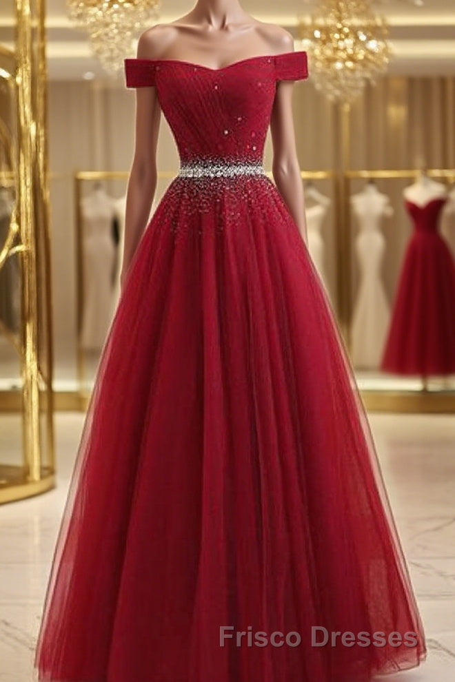 Off Shoulders Red Tulle Floor Length Formal Prom Dress Main image