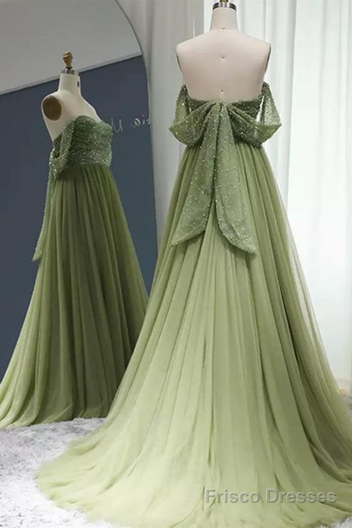 Off the Shoulder Beaded Green Tulle Long Prom Dress, Off Shoulder Green Formal Dress, Beaded Green Evening Dress Secondary image