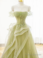 Off the Shoulder Green Tulle Long Beaded Prom Dresses, Off Shoulder Green Tulle Long Formal Evening Dresses