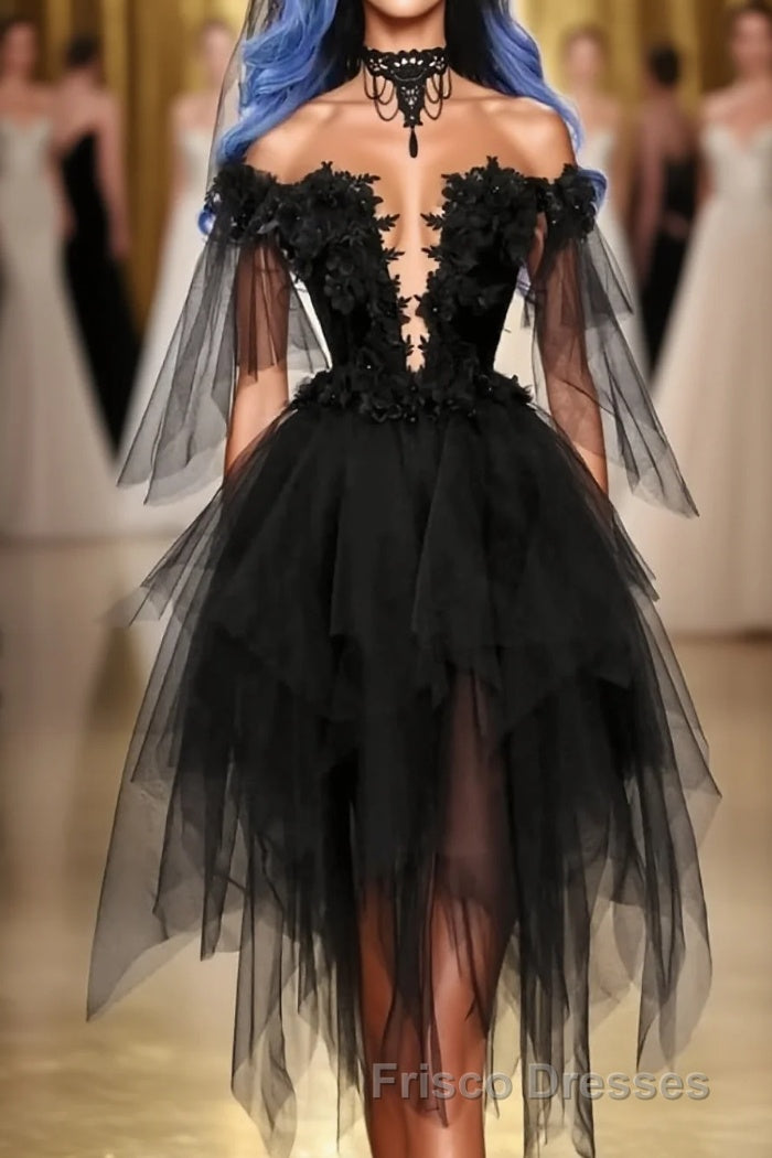 Off Shoulder Lace Applique Black Tulle Short Homecoming Graduation Dress Main image