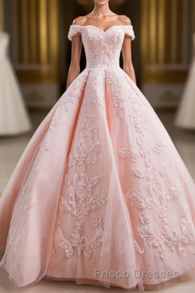 Gorgeous Pink Off The Shoulder Ball Gown Formal Prom Dress With Appliques
