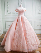 Gorgeous Pink Off The Shoulder Ball Gown Formal Prom Dress With Appliques
