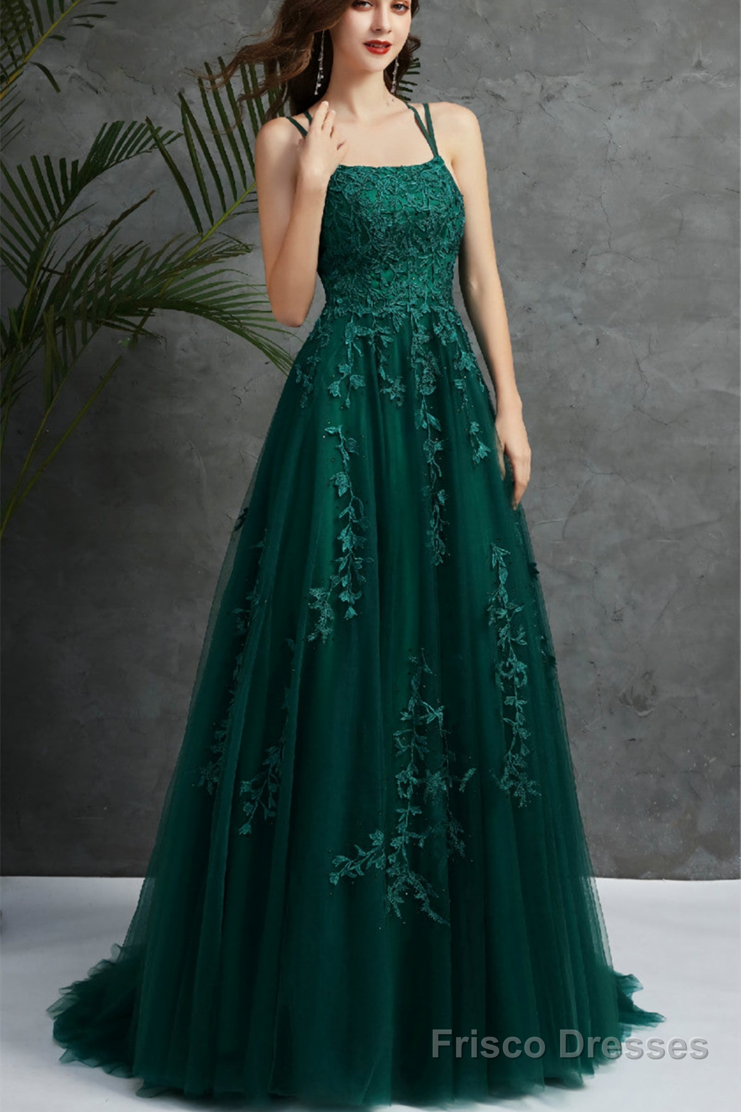 Open Back Dark Green Tulle Lace Long Evening Dress, Dark Green Lace Formal Dresses Secondary image