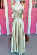 Open Back Sage Satin Long Evening Dress With High Slit Long Sage Formal Prom Dresses