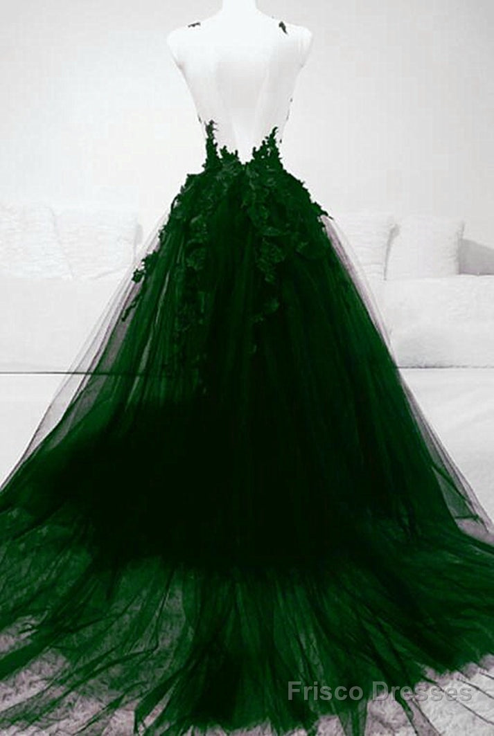A line Green Tulle With Lace Deep Neckline Backless Prom Dress