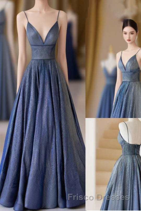 Blue V-Neckline Straps Low Back A-Line Formal Prom Dress, Blue Long Evening Dress