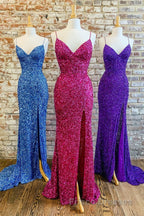 Mermaid Purple Sequin Long Formal Prom Dress with Slit