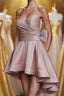 High Low Style Sweetheart Bow Back Satin homecoming Dress