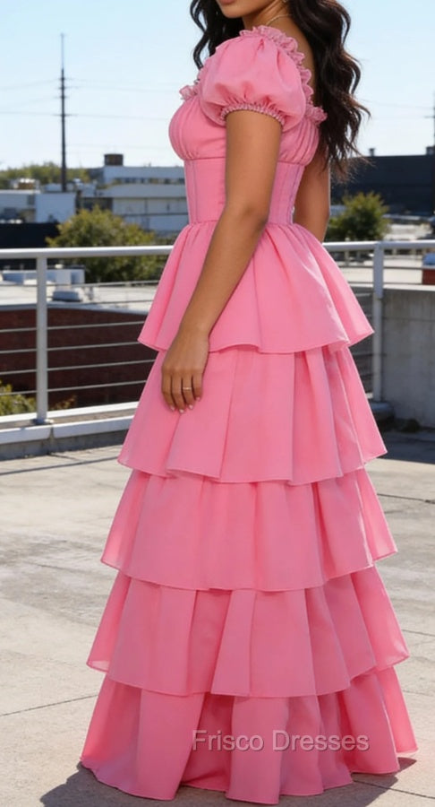Pink A Line Square Neck Tiered Prom Dress With Ruffles