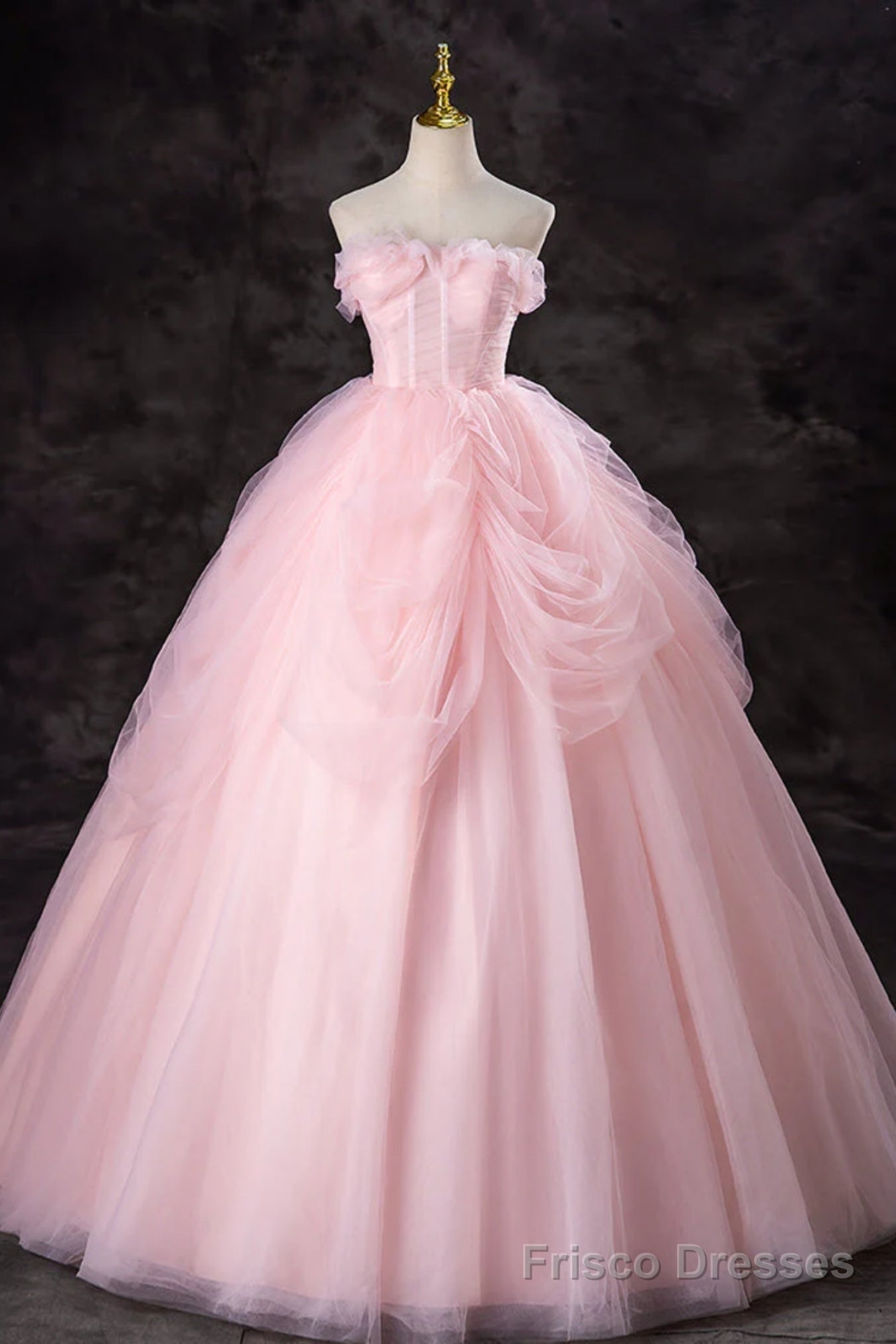 Pink Tulle Gorgeous Strapless Long Prom Dresses, Long Pink Formal Evening Dresses, Pink Ball Gown Main image