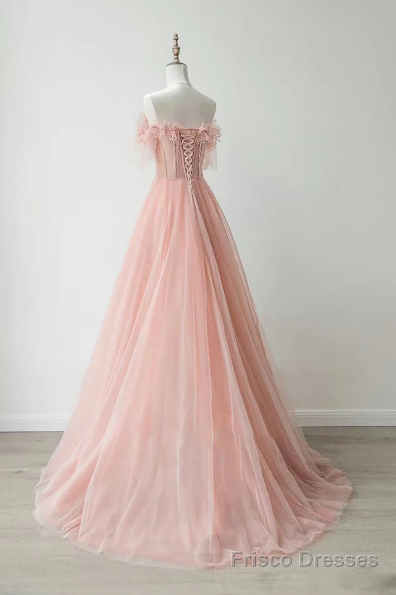 Pink Tulle Strapless Lace Long Prom Dresses, Pink Lace Formal Dresses, Long Pink Evening Dresses Secondary image
