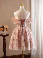Pink Vintage Off the Shoulder Flower Appliques Homecoming Dress