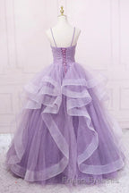 Princess Lavender Sparkly Spaghetti Straps Long Formal Prom Dress Floor Length Evening Gown