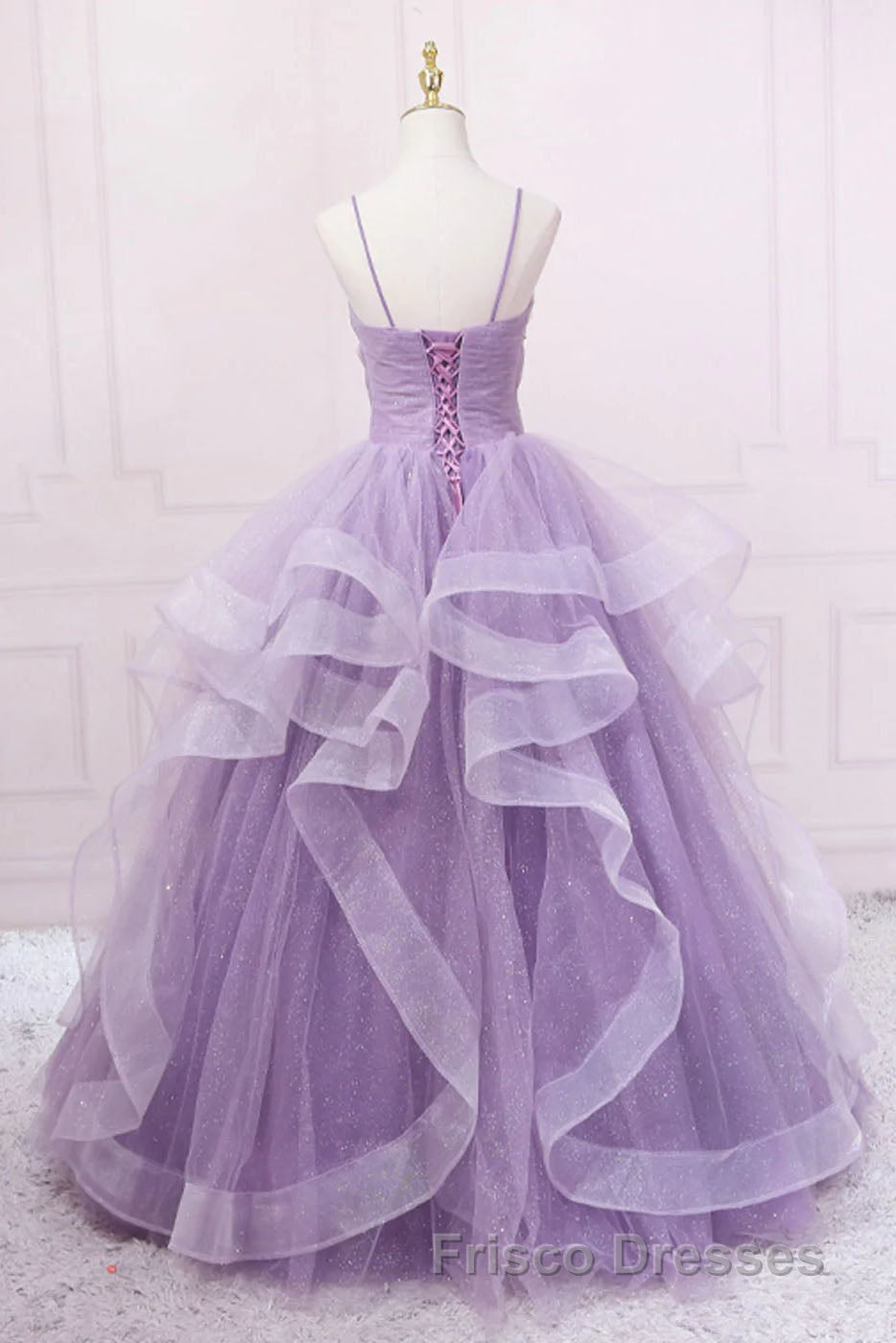 Princess Lavender Sparkly Spaghetti Straps Long Formal Prom Dress Floor Length Evening Gown