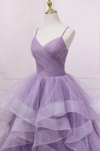 Princess Lavender Sparkly Spaghetti Straps Long Formal Prom Dress Floor Length Evening Gown