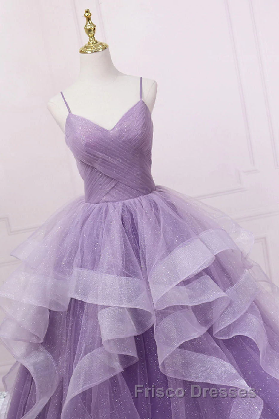 Princess Lavender Sparkly Spaghetti Straps Long Formal Prom Dress Floor Length Evening Gown