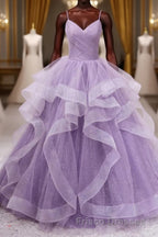 Princess Lavender Sparkly Spaghetti Straps Long Formal Prom Dress Floor Length Evening Gown