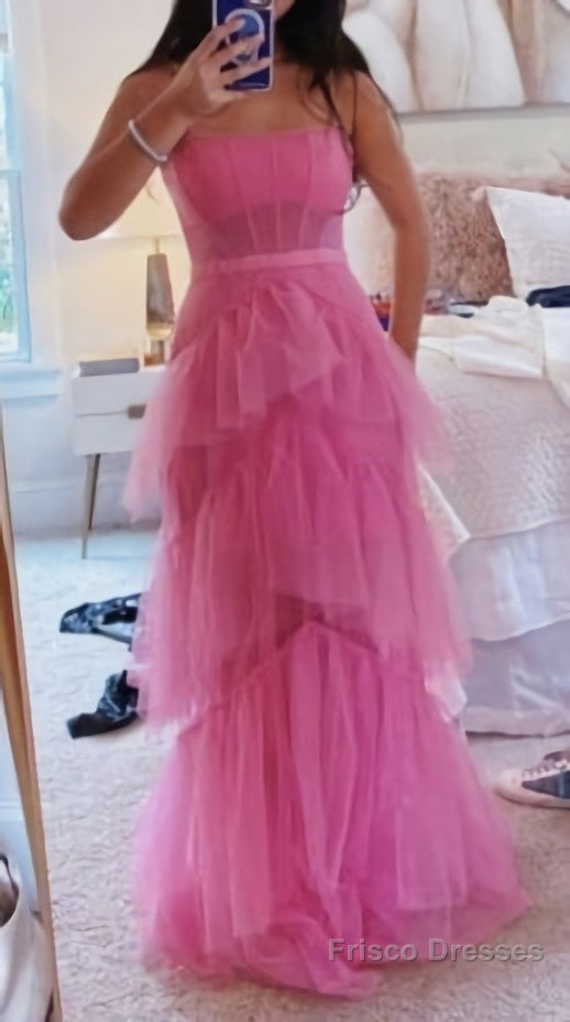Fashion Hot Pink Layered Ruffles Evening Gown A Line Tulle Long Prom Dresses Secondary image