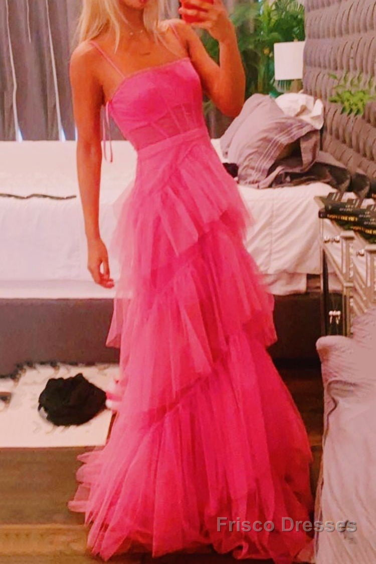 Fashion Hot Pink Layered Ruffles Evening Gown A Line Tulle Long Prom Dresses Main image