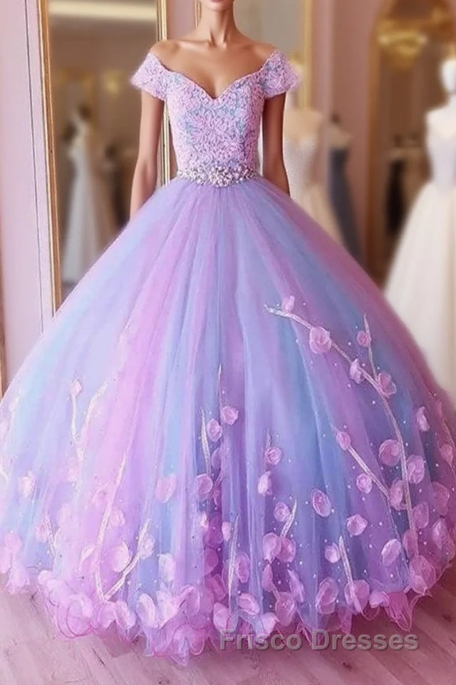 Princess Pink and Blue Ball Gown Formal Prom Dress with Flowers, Quinceanera Dress