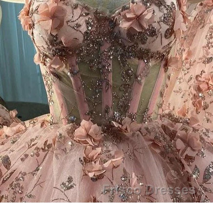 Princess Sparkly Sweetheart Formal Prom Dress with 3d Flowers, Pink Quinceanera Dress