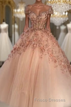 Princess Sparkly Sweetheart Formal Prom Dress with 3d Flowers, Pink Quinceanera Dress