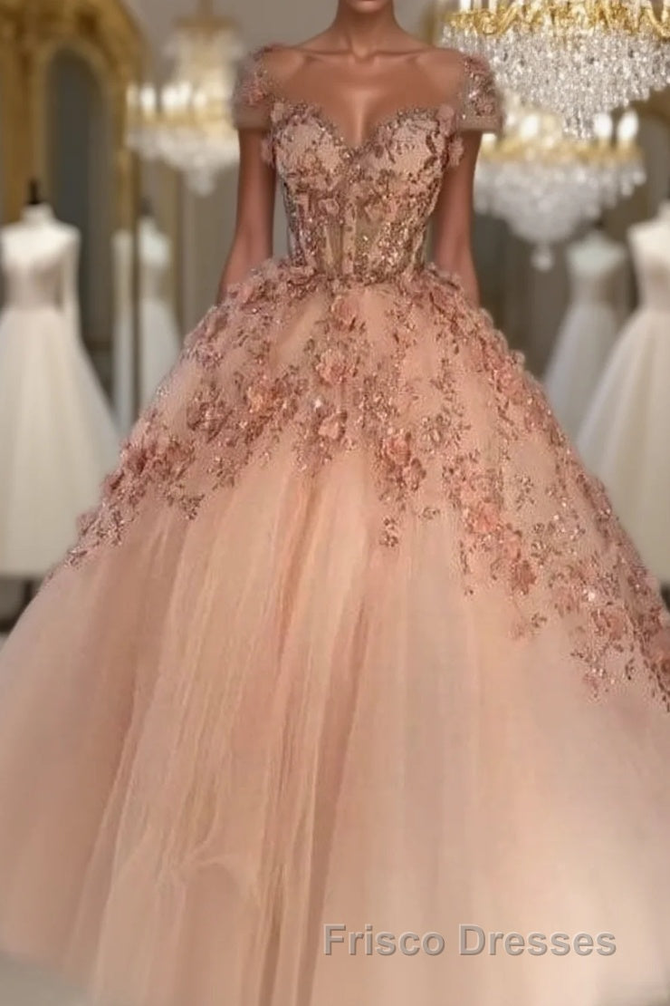 Princess Sparkly Sweetheart Formal Prom Dress with 3d Flowers, Pink Quinceanera Dress