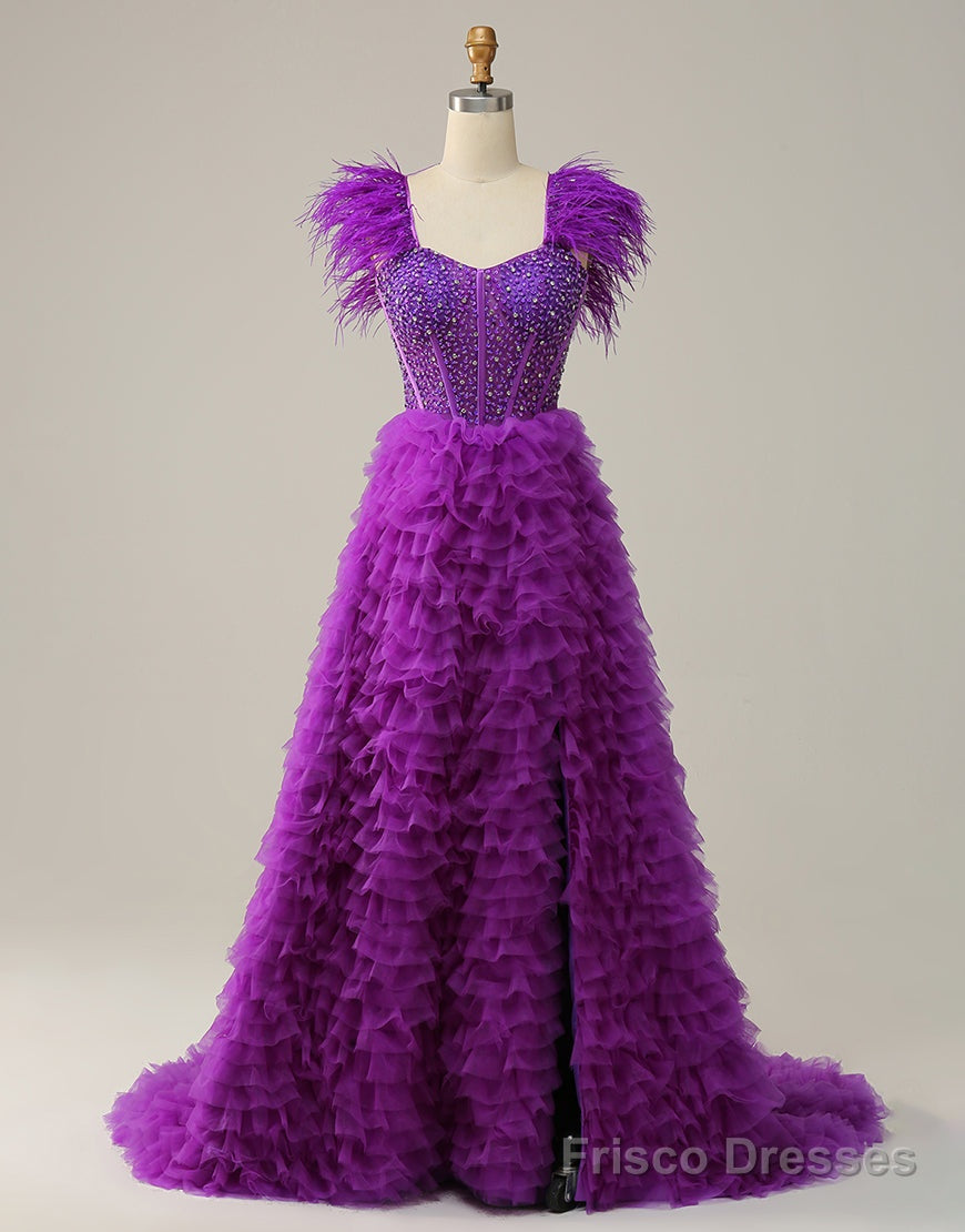 Purple A-Line Ruffle Glitter Long Prom Dress With Split Main image