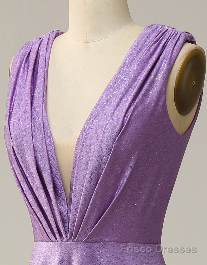 Purple A-Line V-Neck Long Glitter Prom Dress With Pleating