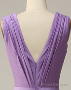 Purple A-Line V-Neck Long Glitter Prom Dress With Pleating