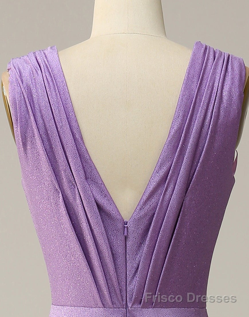 Purple A-Line V-Neck Long Glitter Prom Dress With Pleating