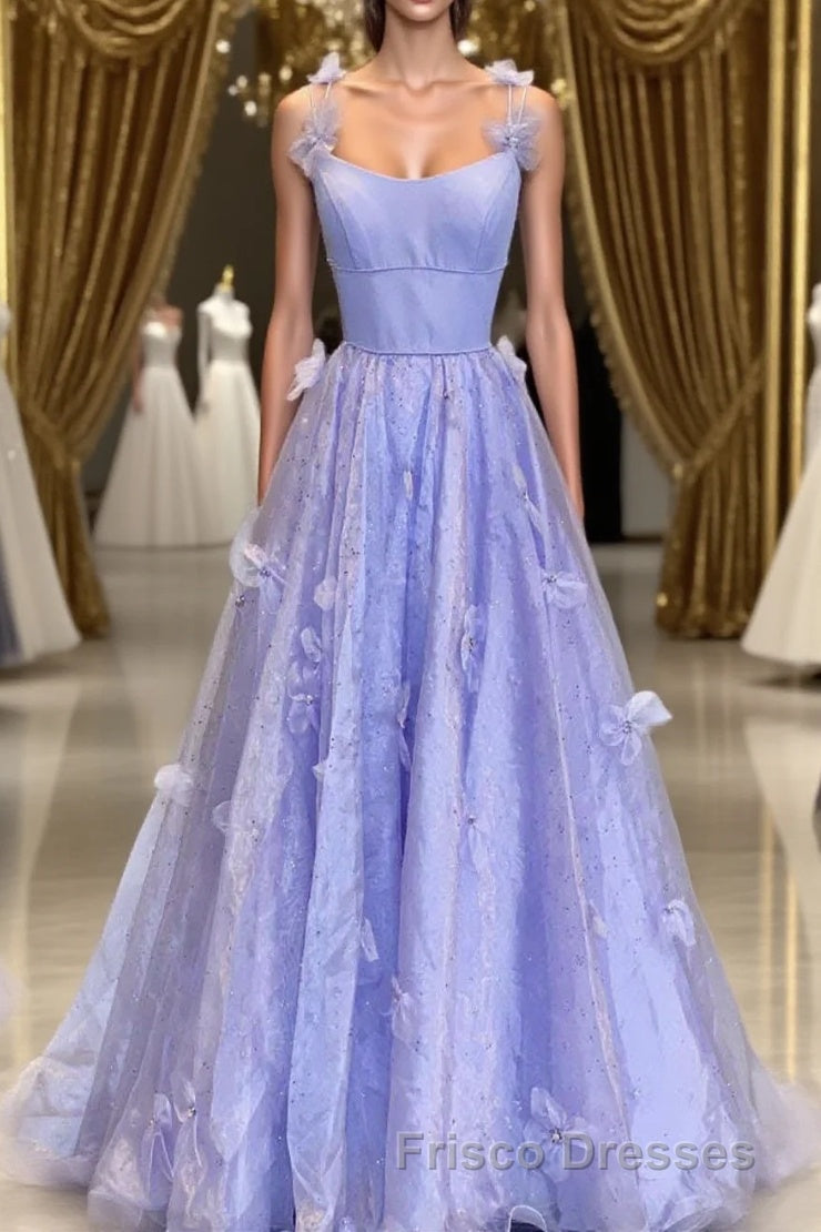 Purple Spaghetti Straps Long A line Formal Prom Gown Handmade Flower Evening Dress Main image