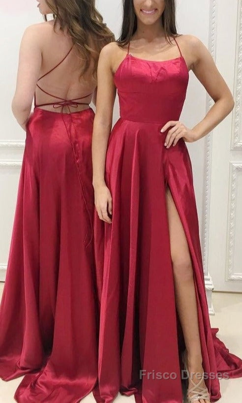 Casual Red Simple Spaghetti Straps Backless Sweep Train Backless Prom Dresses With Pockets Main image