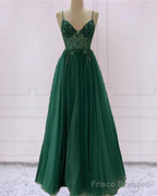 Emerald Green Tulle Prom Dress Beaded V Neck