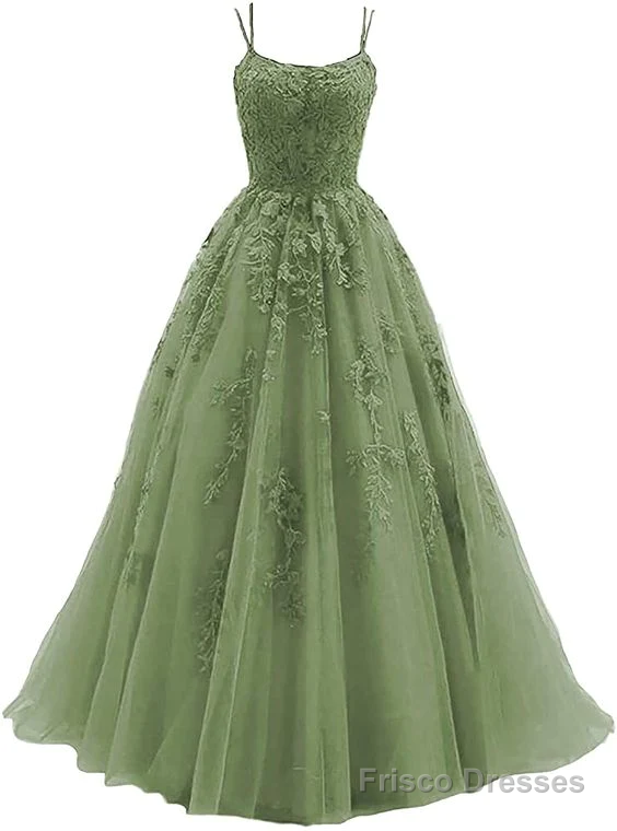 Green Lace Applique Tulle Long Straps Cross Back Long Party Dress, Green Junior Prom Dress