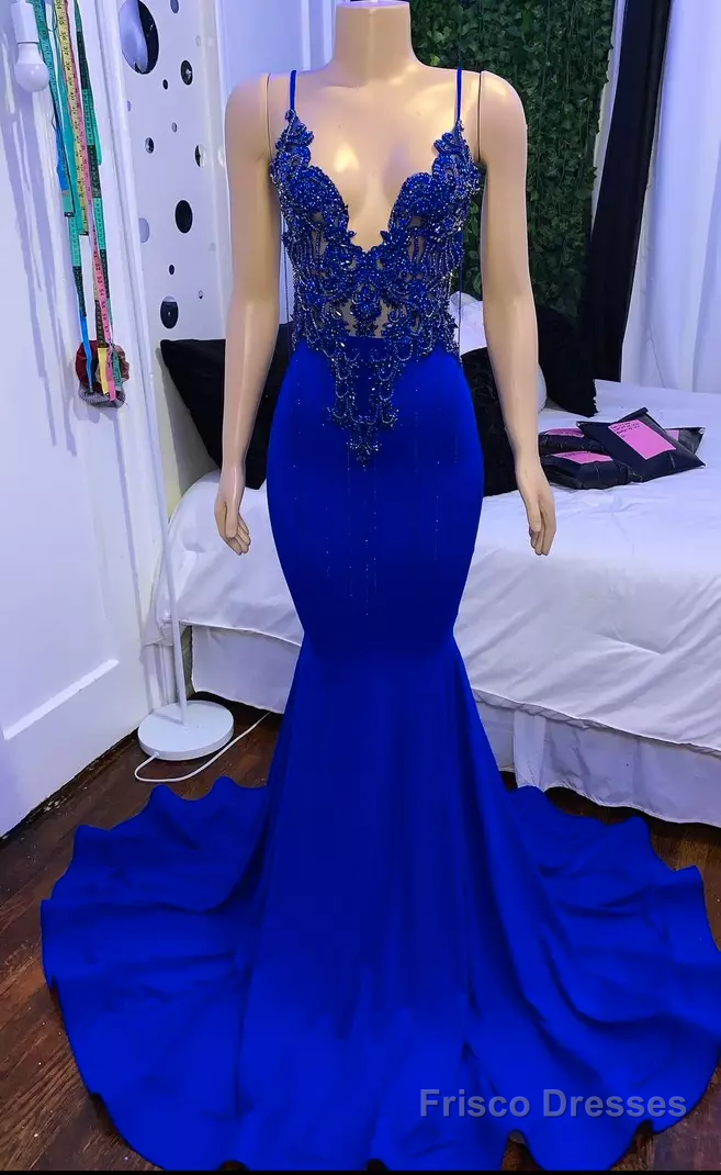 Mermaid Blue long Prom dress Dresses, Satin Lace Sleeveless prom dress Main image