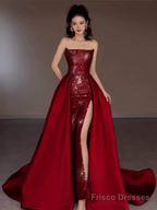 Sexy Mermaid Strapless Sleeveless Party Dress Red Long Prom Dress
