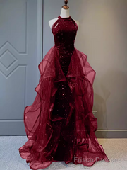 Sparkly Sheath Burgundy Sequin Long Prom Dress Party Dresses