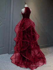 Sparkly Sheath Burgundy Sequin Long Prom Dress Party Dresses