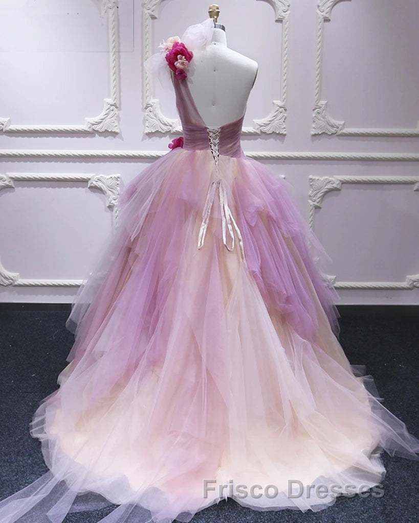 Puffy One Shoulder Sleeveless Tulle Formal Prom Dress with Flowers, Ruffles Quinceanera Dress