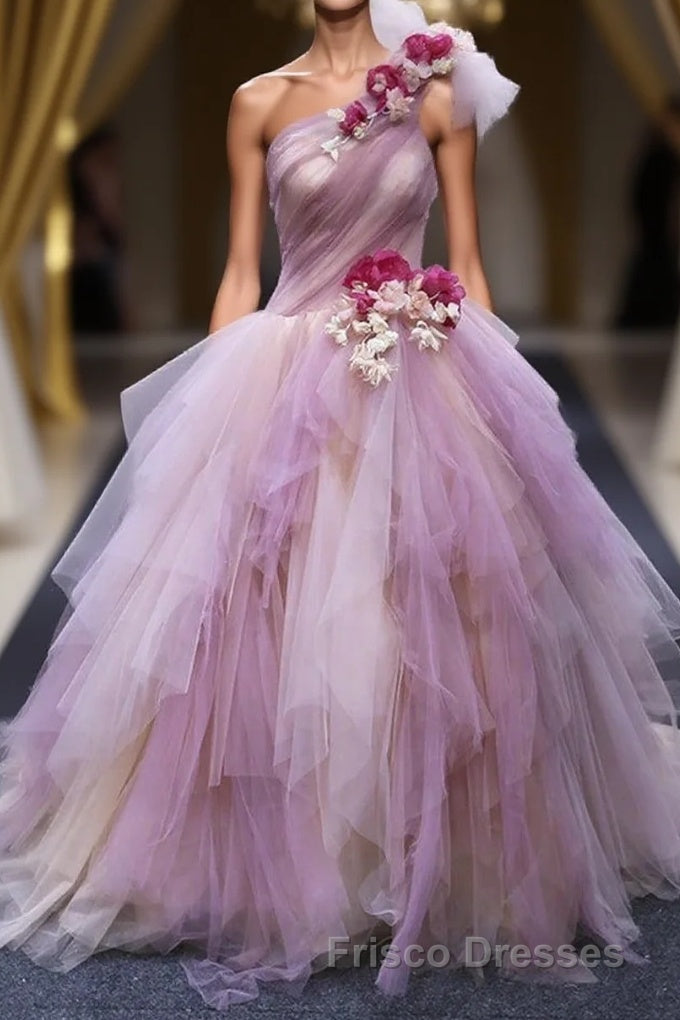 Puffy One Shoulder Sleeveless Tulle Formal Prom Dress with Flowers, Ruffles Quinceanera Dress