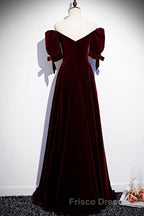 Modest Burgundy Long Formal Prom Dress with Short Sleeves Vintage Evening Gown