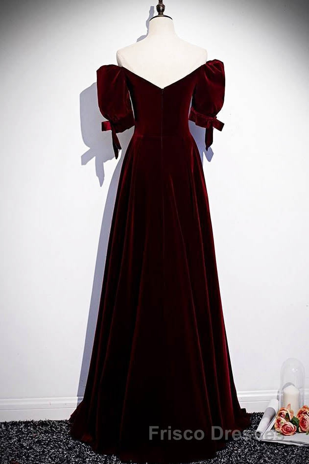 Modest Burgundy Long Formal Prom Dress with Short Sleeves Vintage Evening Gown