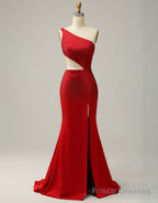 Red Mermaid One Shoulder Long Glitter Prom Dress With Split