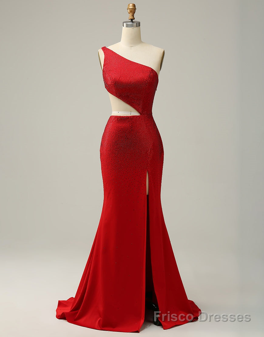 Red Mermaid One Shoulder Long Glitter Prom Dress With Split