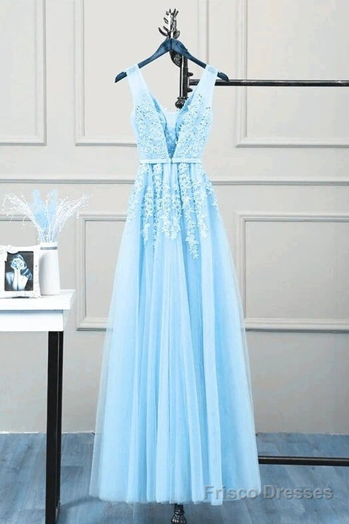 Romantic Tulle Lace V Back Sky Blue See Through Prom Dress Formal Dress Secondary image